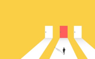 A person walks toward a red door in the middle of two white doors against a yellow backdrop.